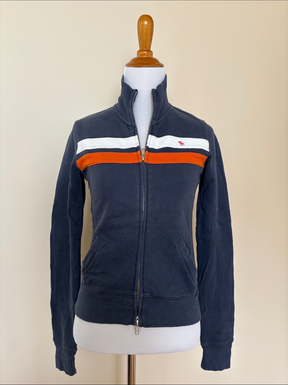 Abercrombie & Fitch Navy Bomber Cotton Zip Sweater with White & Orange Stripes